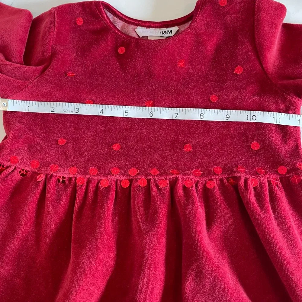 H&M Girls Long Sleeve Slip On Dress of Brick Red Velvet Size 3-4Y